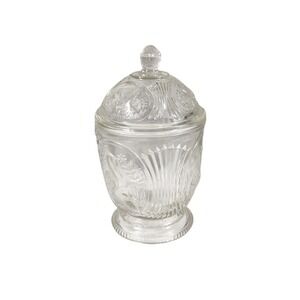 Apothecary Jar Clear Glass Crane Embossed Vintage Lidded Canister